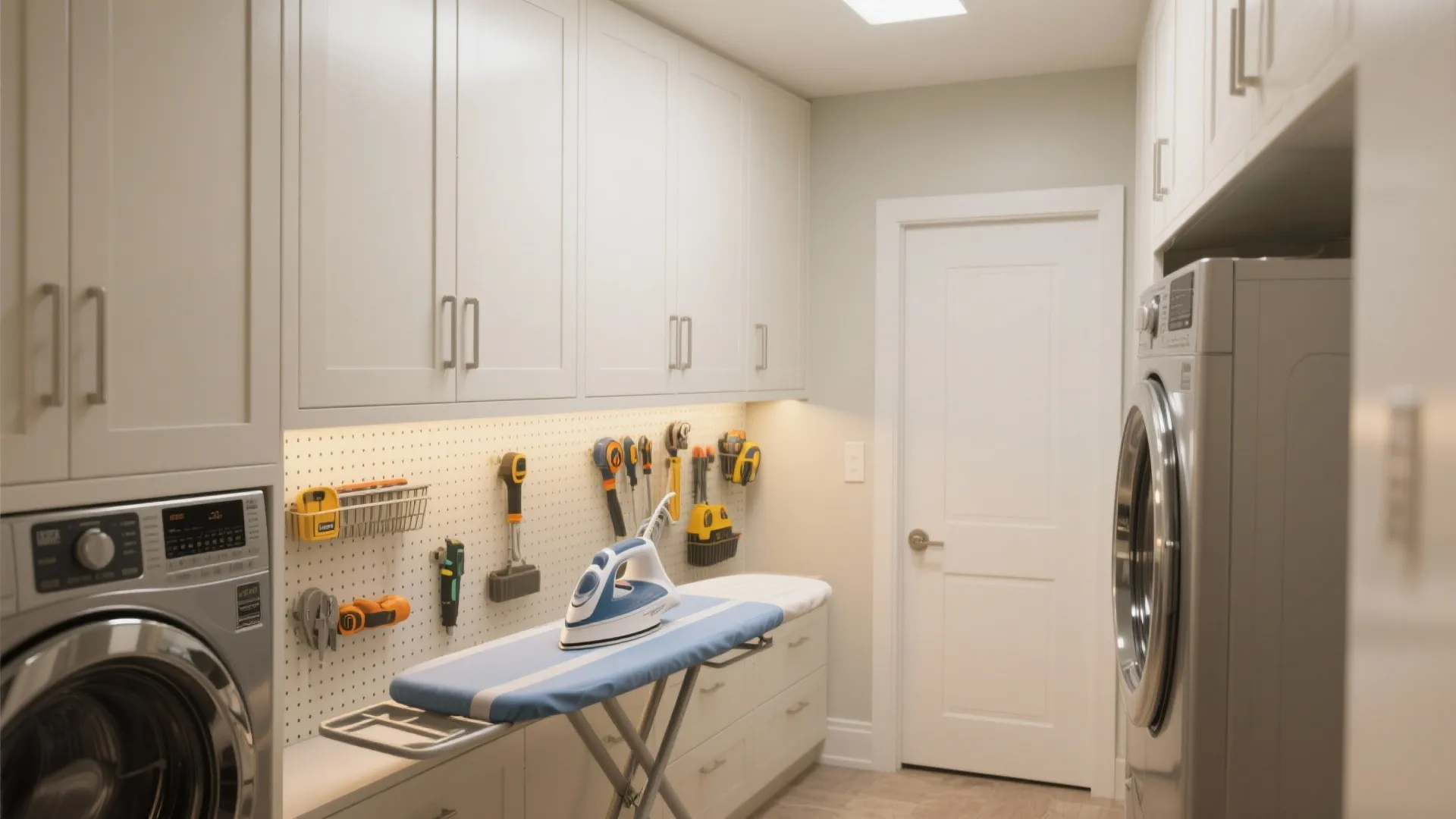 Functional laundry room with white cabinets ironing board washing machine and tools on a wall board