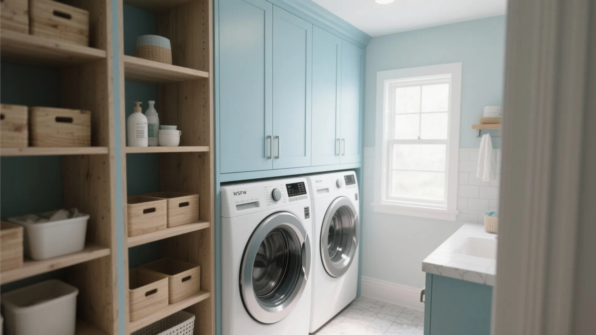 Modern blue laundry room featuring white washing machines under blue cabinets with wooden storage shelves