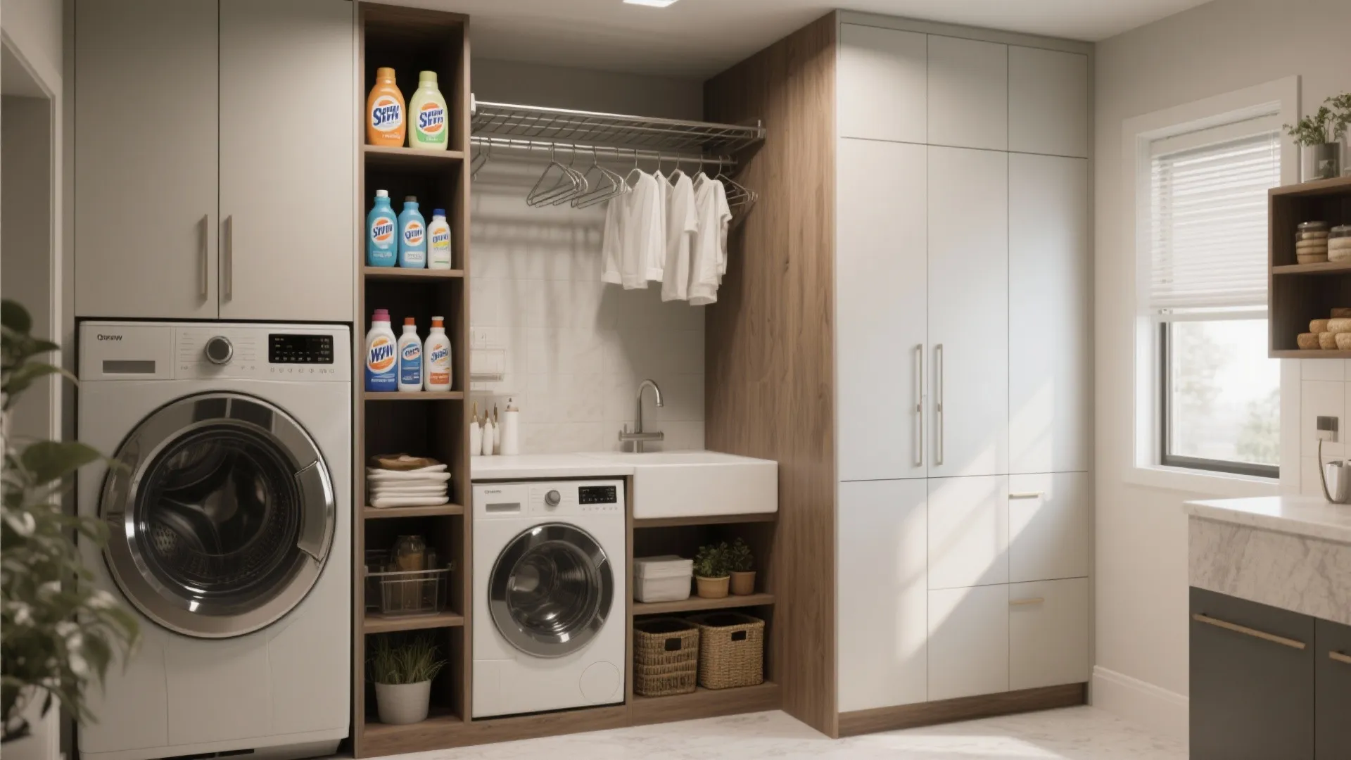 Modern laundry room with washing machines wood shelves for detergent hanging shirts and large cabinets