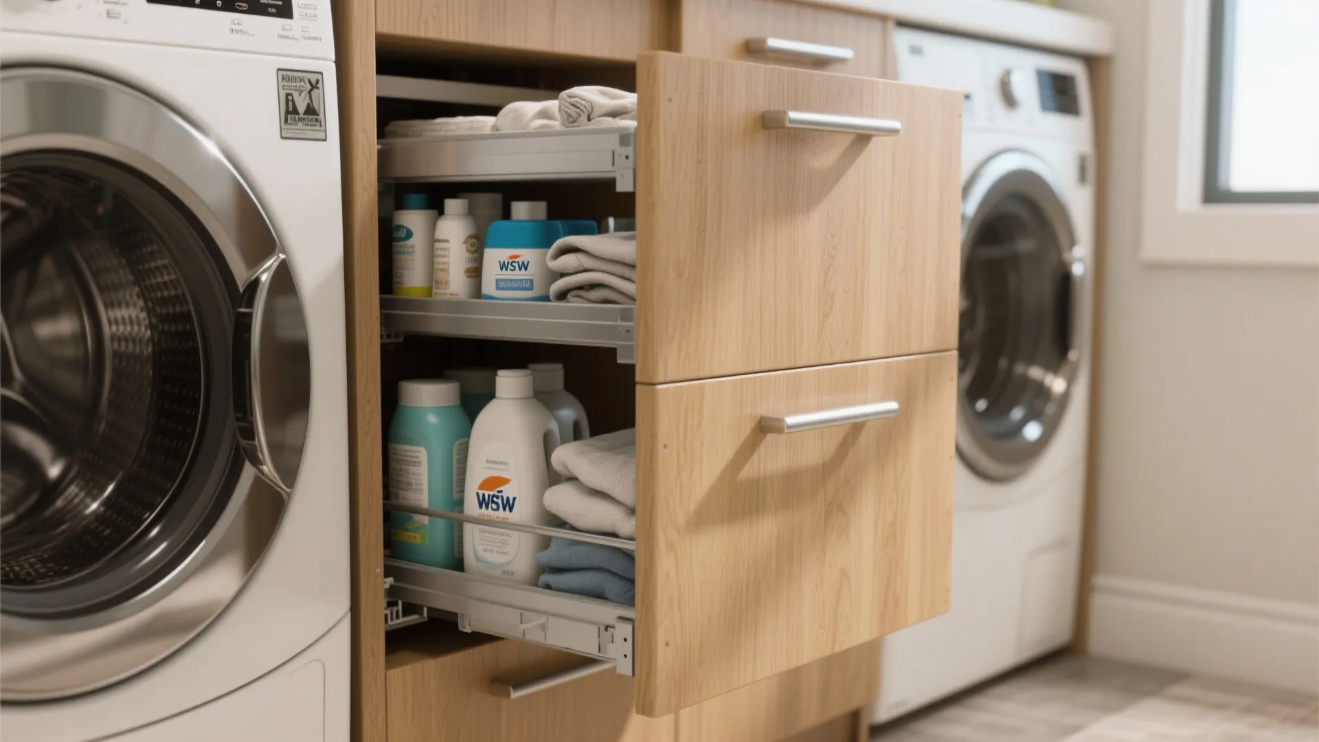 Wooden cabinet with open pull out drawers holding laundry detergent and folded towels near washing machine