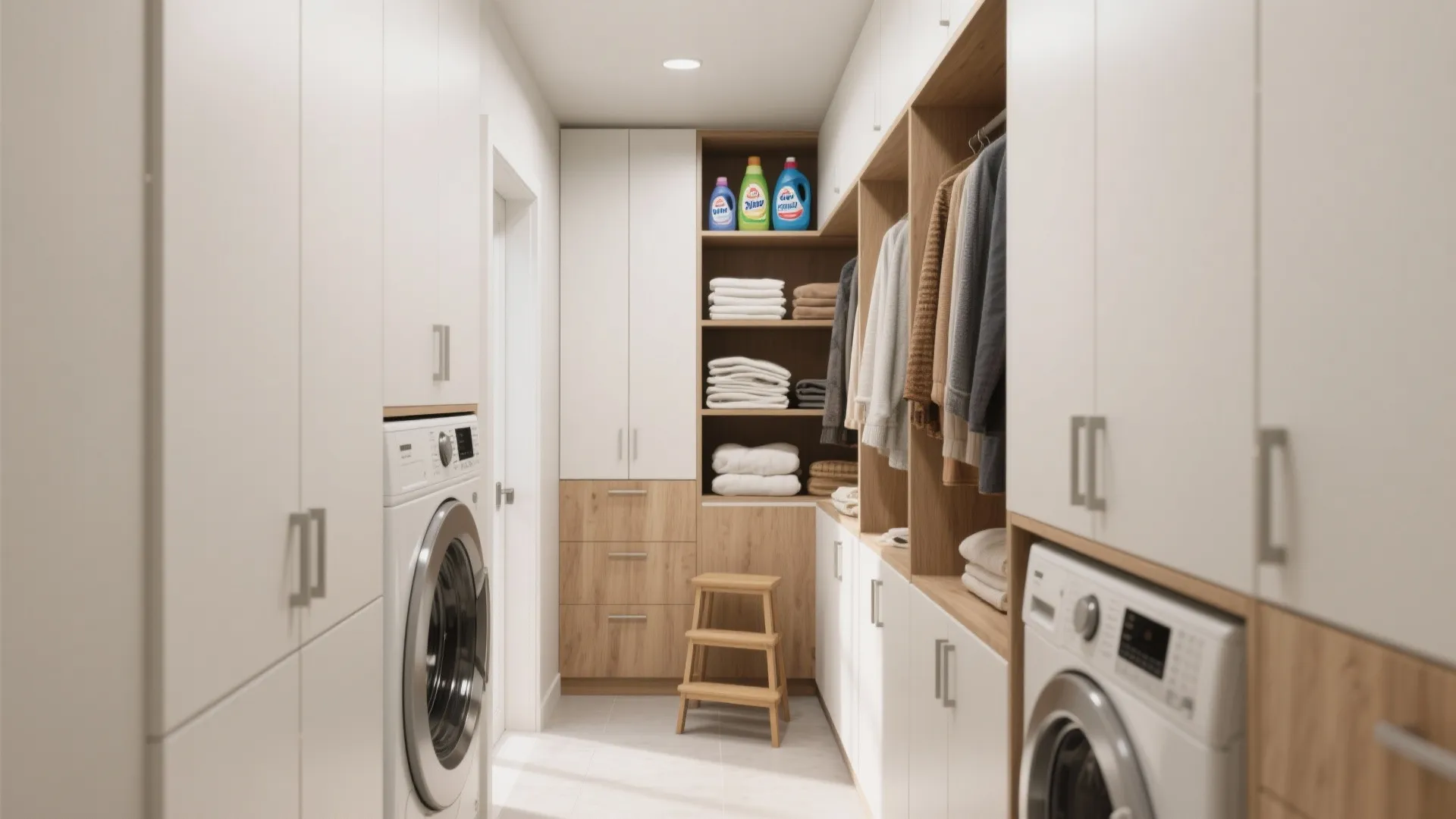 Bright laundry room with white cabinets wood shelves hanging clothes detergent and two white machines