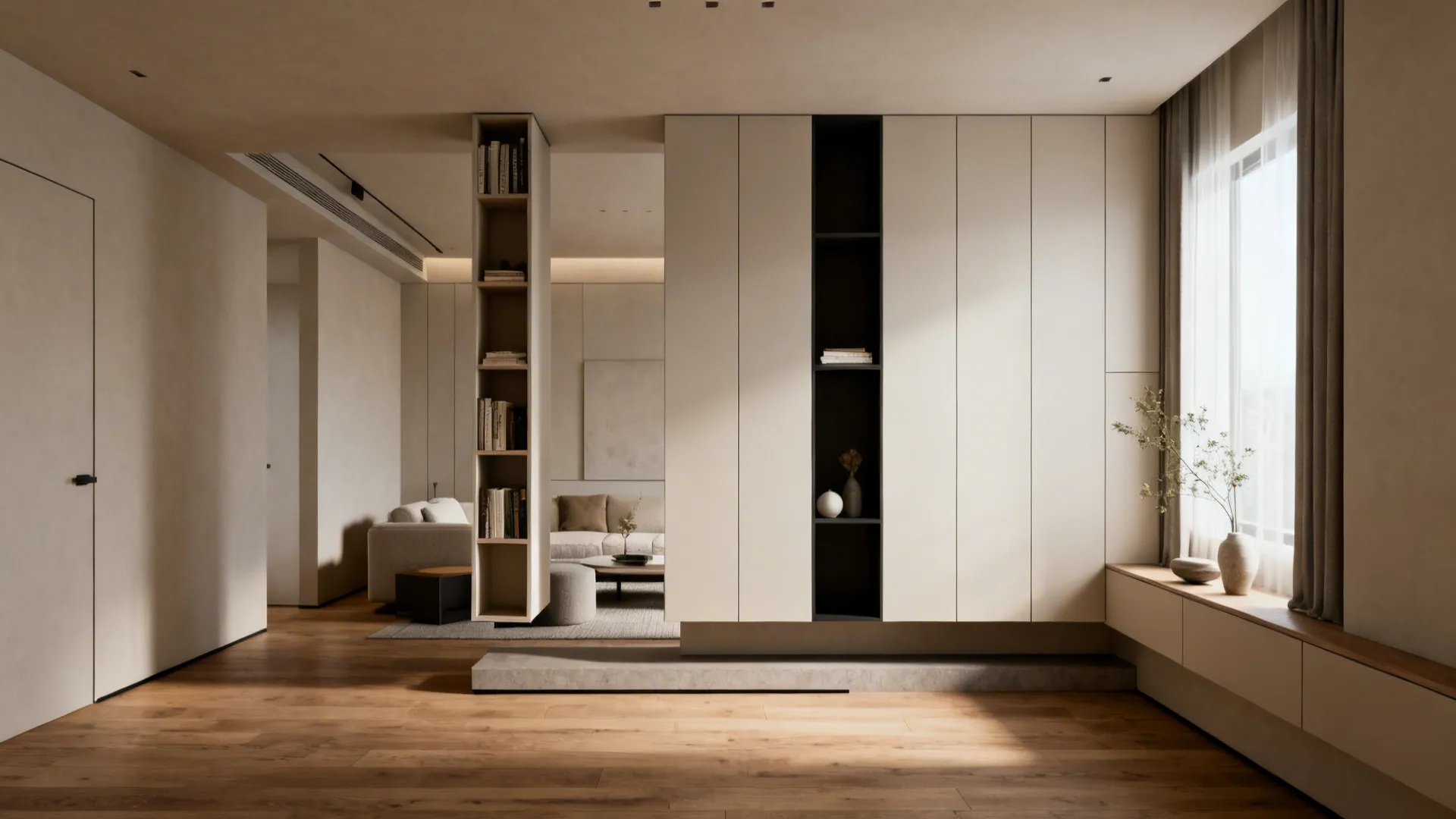 Small room with floating furniture and tall vertical storage drawing the eye upward