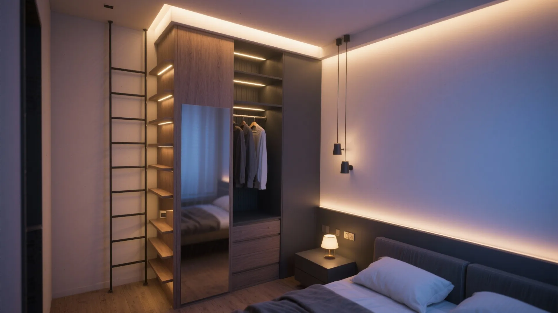 4. Vertical storage and layered lighting