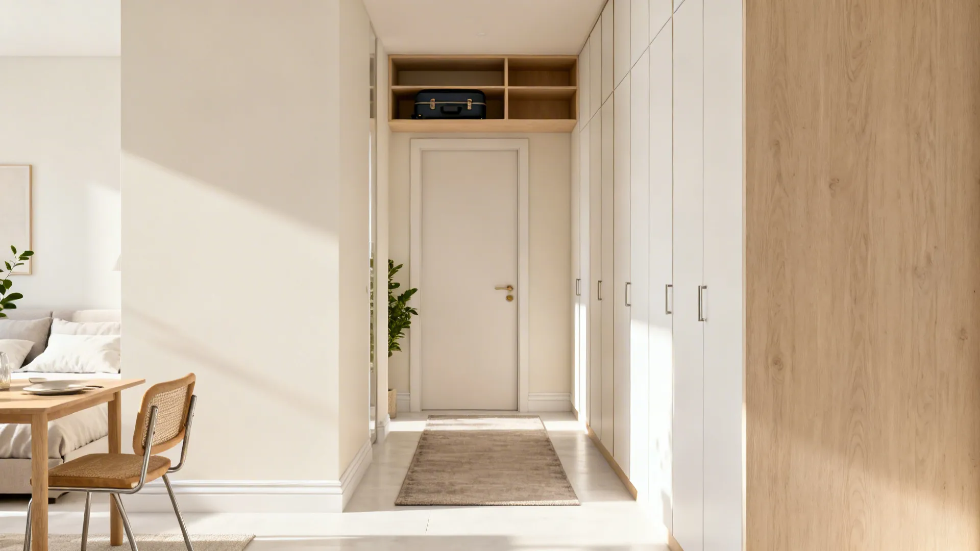 Slim tall wardrobes and over-door shelves in warm white with a narrow rug zoning a small studio.