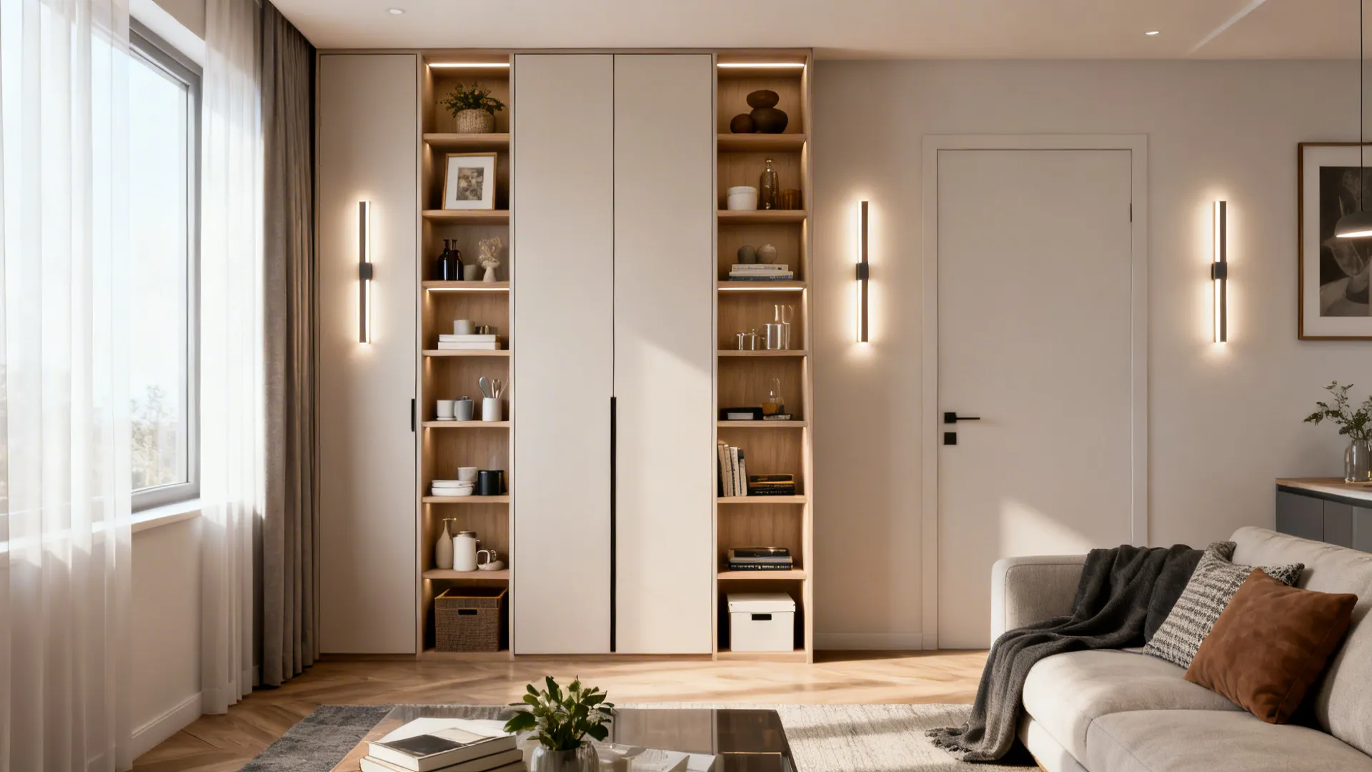 Modern wall cabinet with open wooden shelves wall lights sofa brown pillow and large window