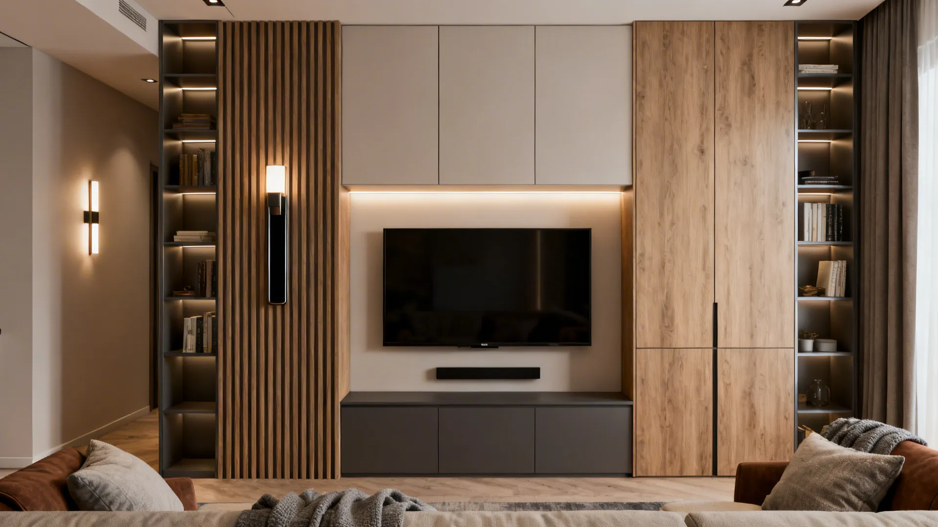 Vertical storage and layered lighting around a vertically mounted TV to create height in a small room