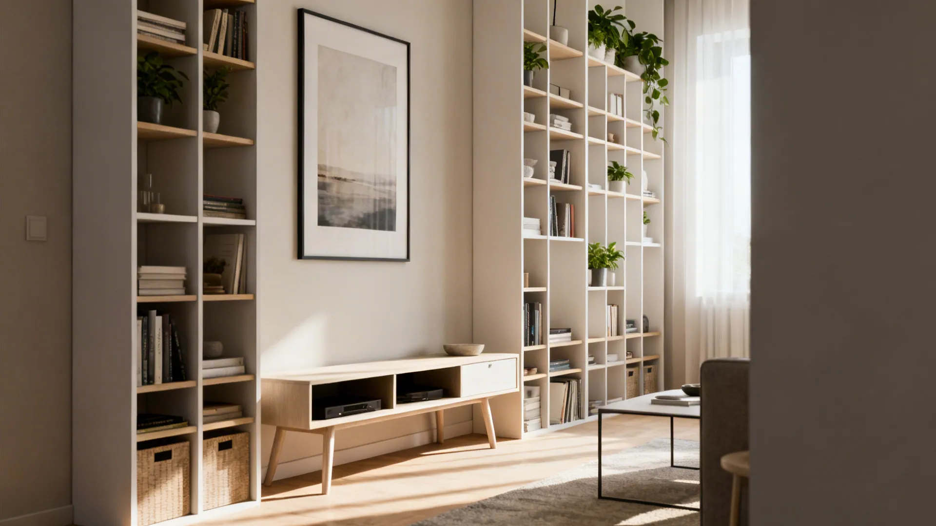 Compact living room with tall open shelving and high-hung art creating visual height and lightness.