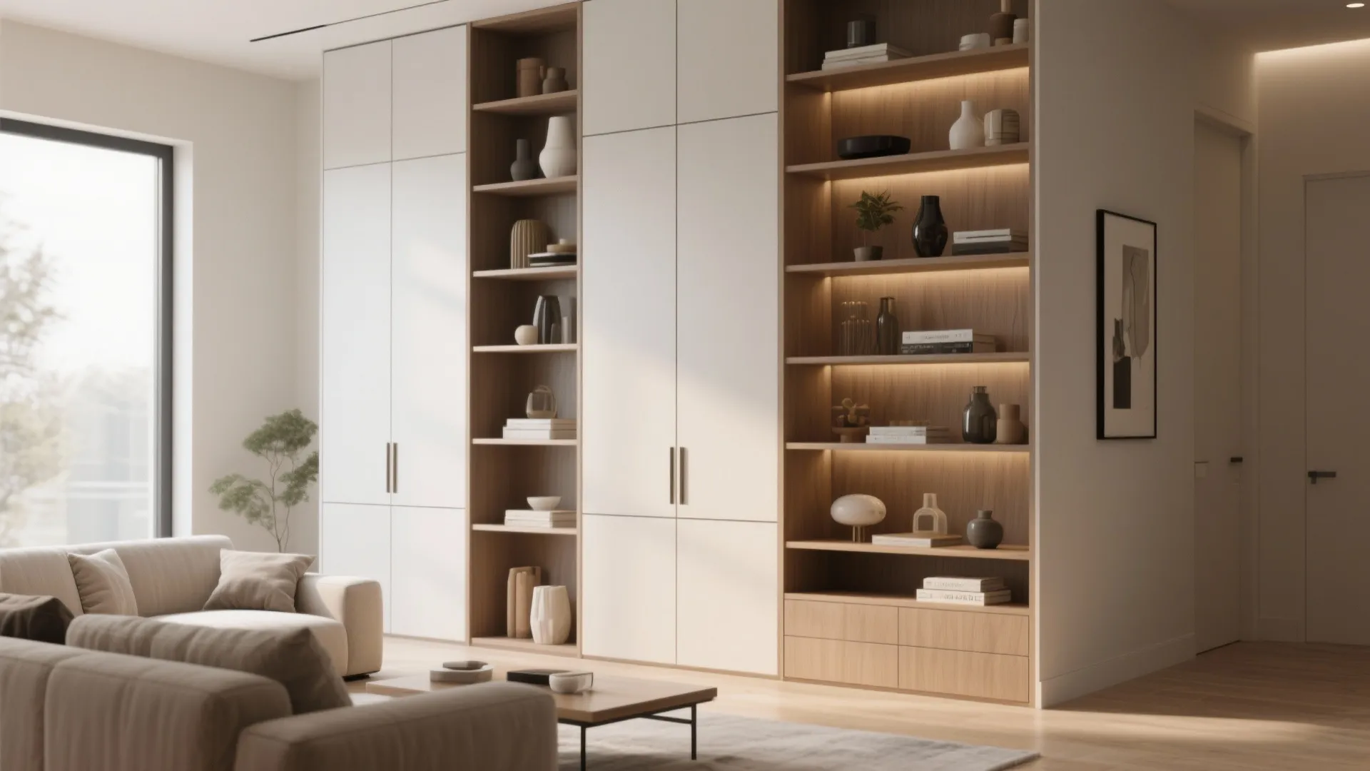 Modern living room featuring floor to ceiling white storage cabinets and wooden shelves with warm lights