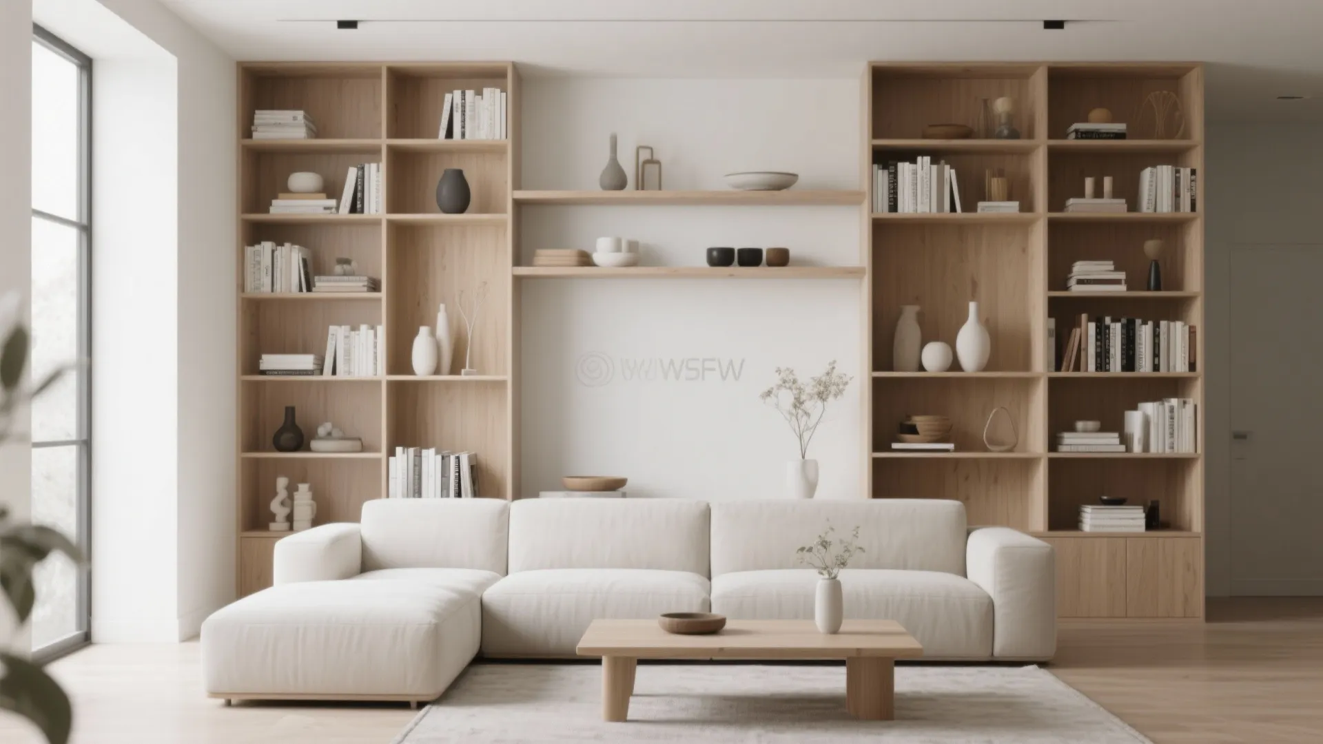 Living room with white sofa wooden coffee table and large wooden wall cabinets for books
