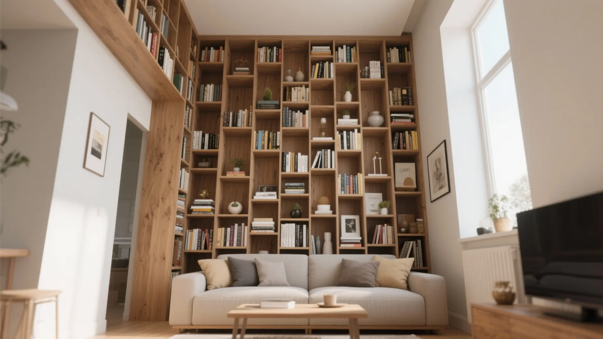 Living room with large wooden floor to ceiling bookshelf behind grey sofa and wooden table