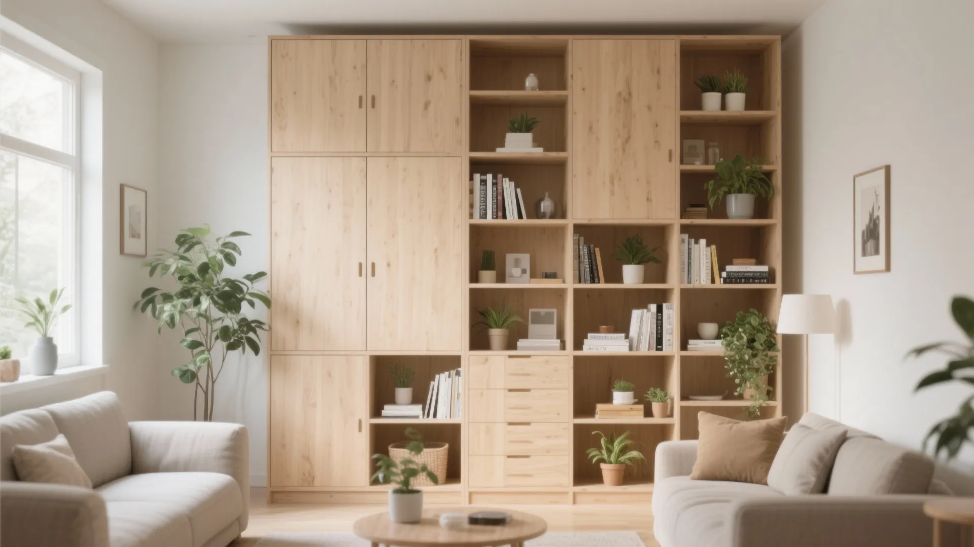 Modern wooden cabinet wall with open shelves holding books and green plants in a living room