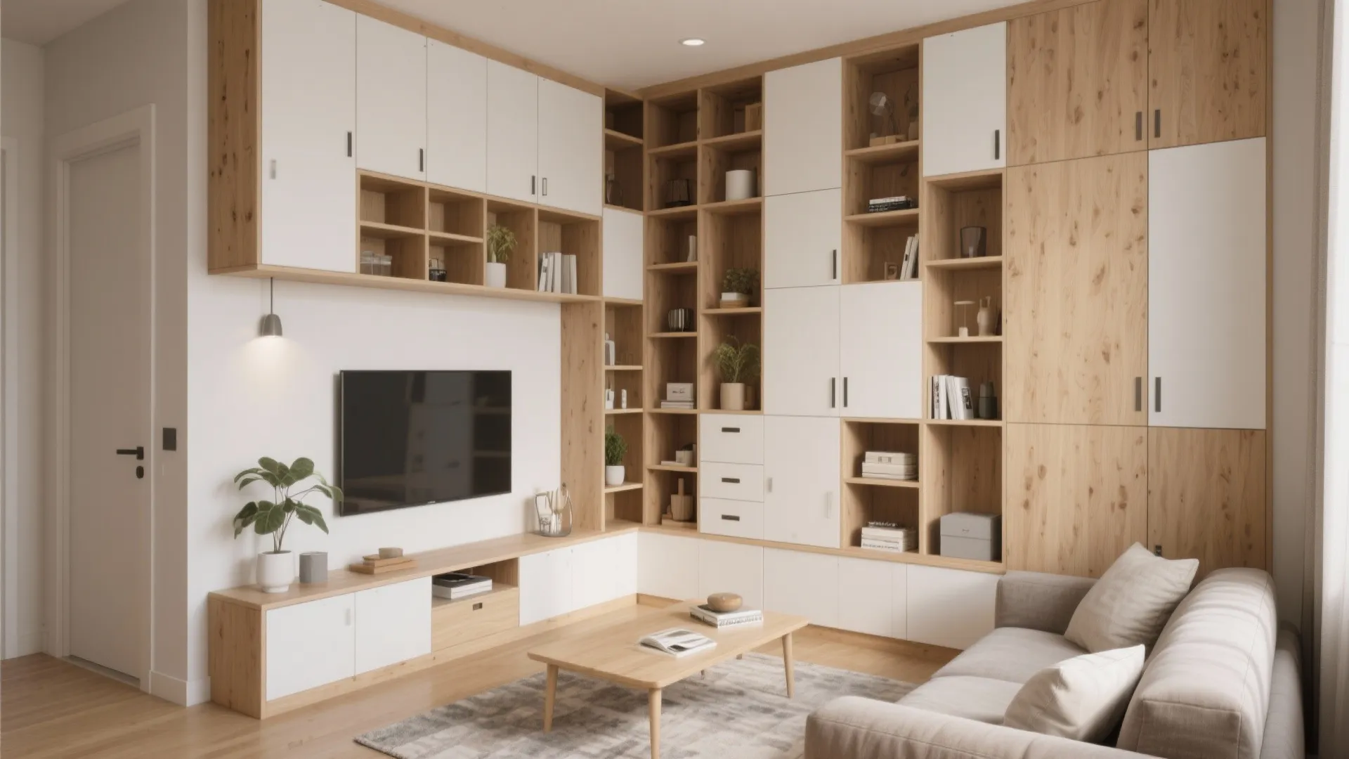 Floor to ceiling wooden and white wall cabinet unit with television shelf space and sofa