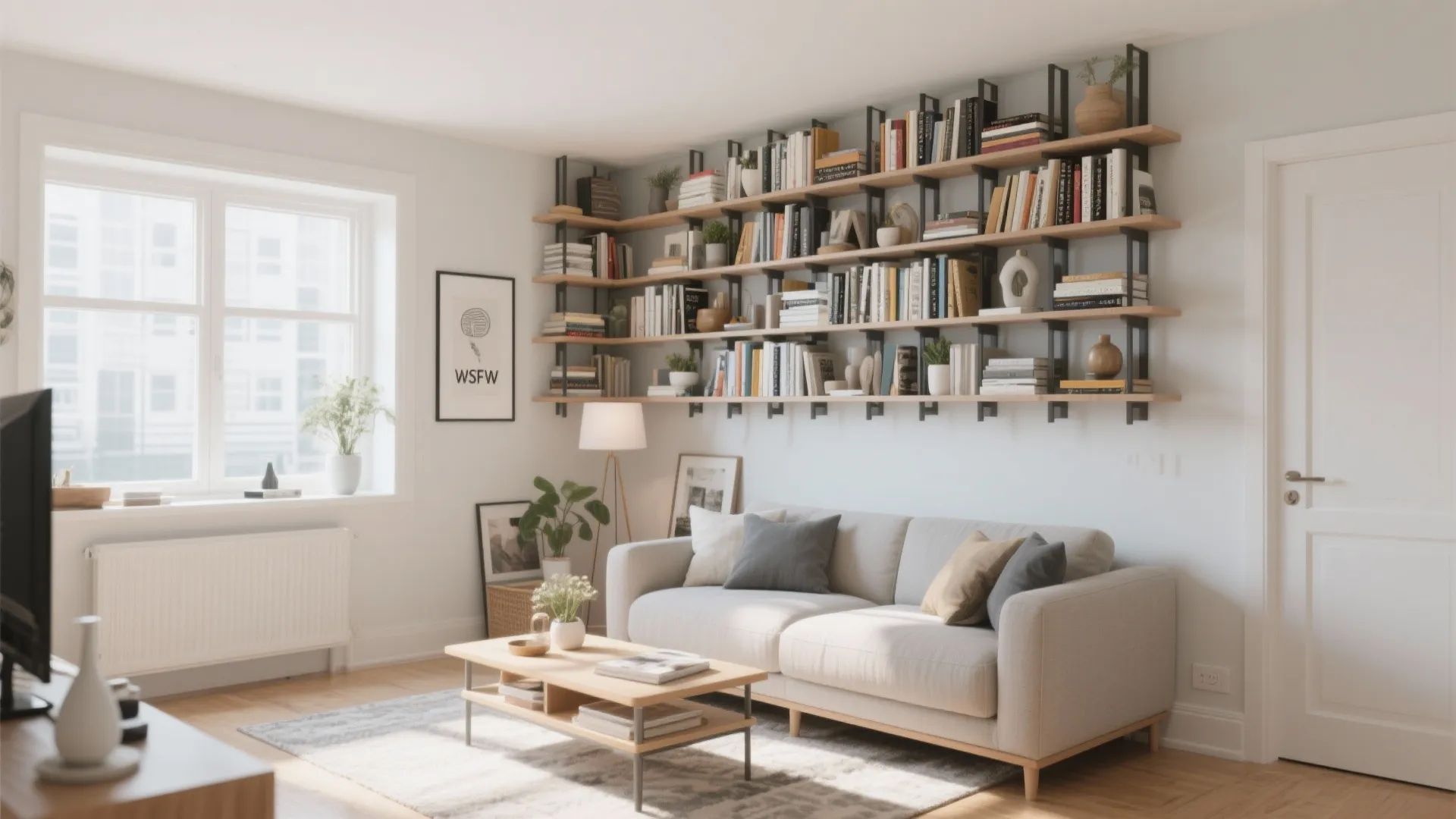 Living room with wall mounted wooden bookshelves above a beige sofa and small coffee table