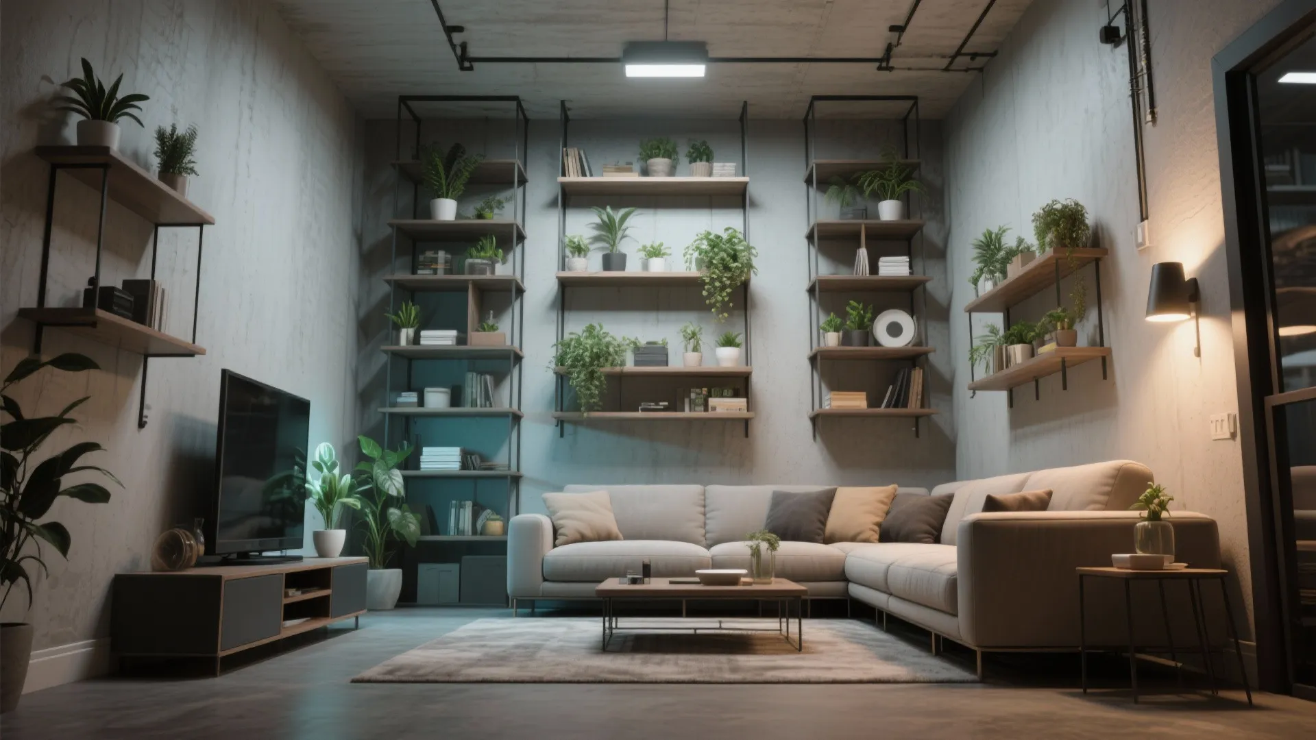 Tall shelves providing vertical storage in downstairs living room