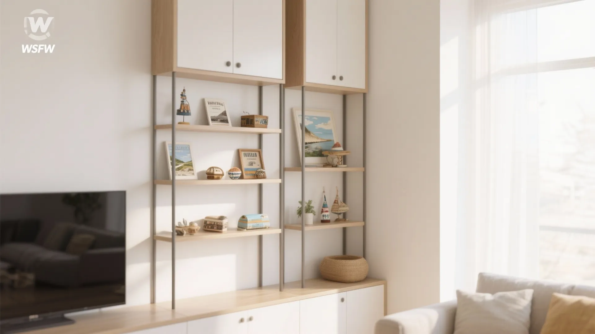 Minimalist wooden wall cabinet with open shelves displaying small decor items next to a television