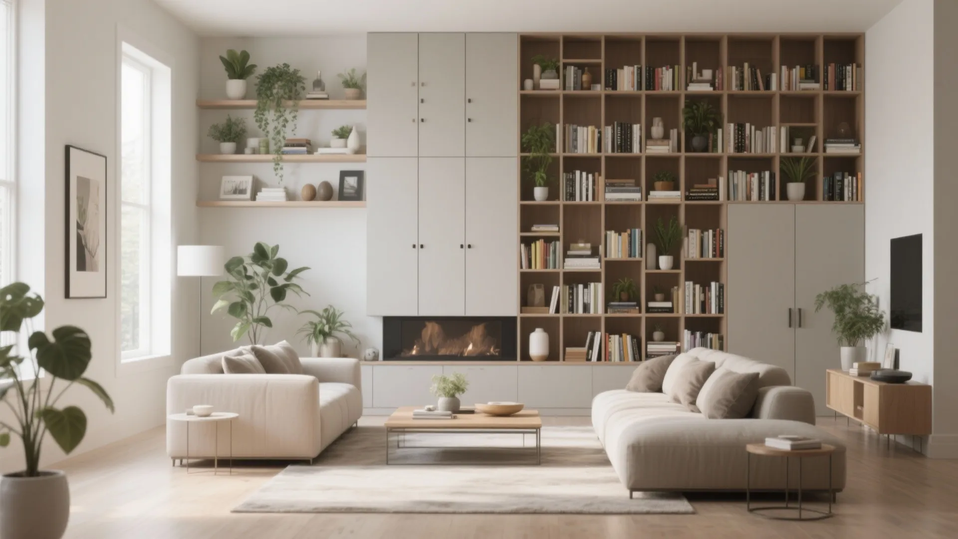 Modern living room with a large wall bookshelf, fireplace, two cream sofas, and wooden table