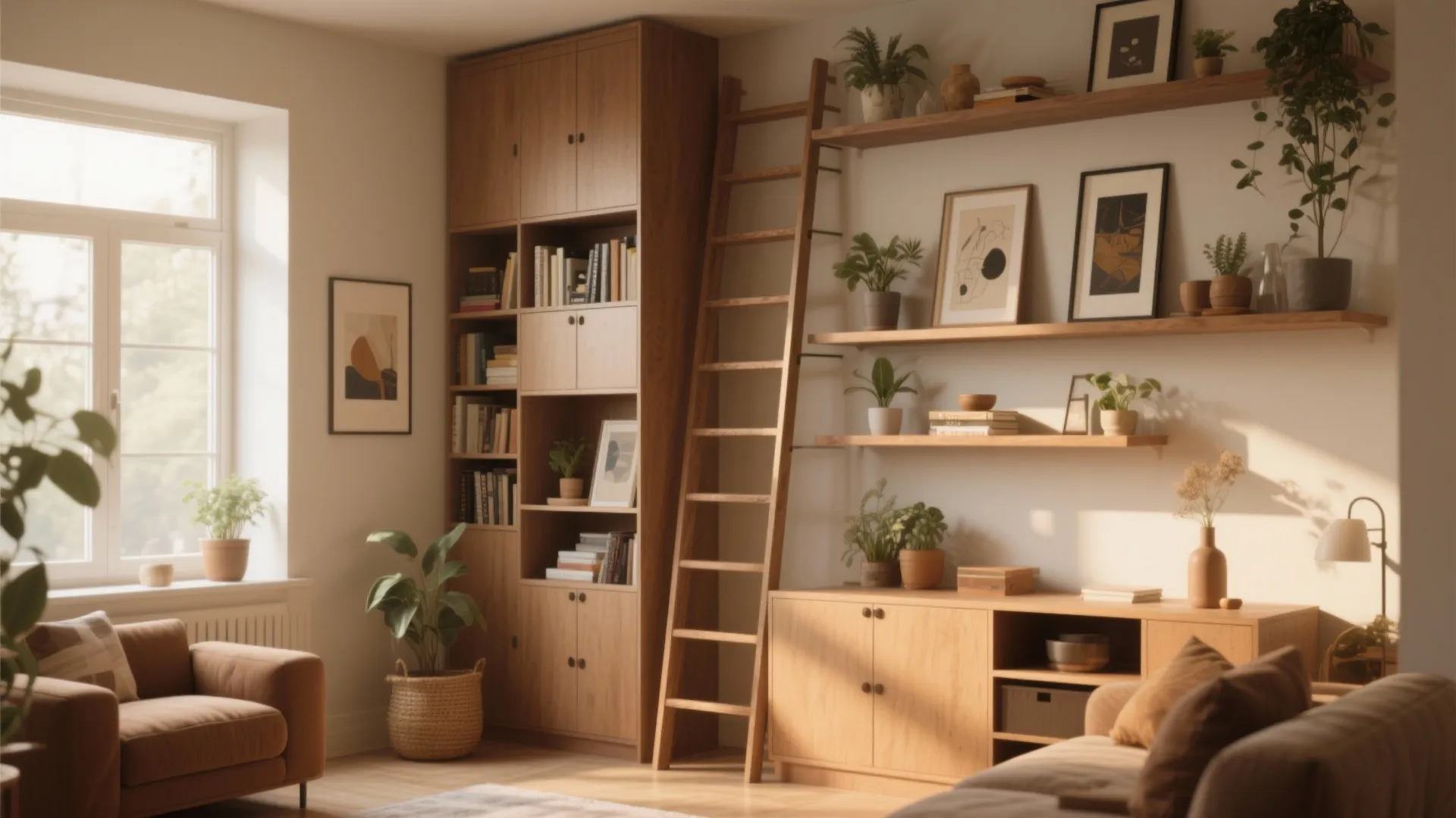 Living room interior with tall wooden cabinet floor ladder wall shelves green plants and sunlight