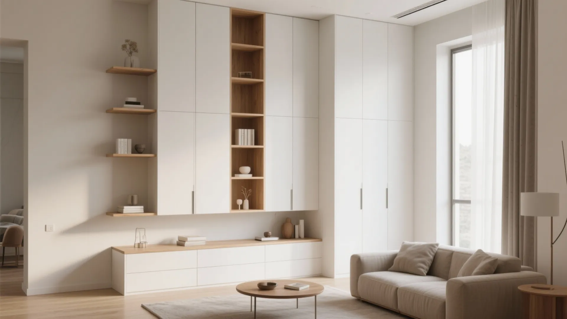 Minimalist living room featuring large white wall cabinet wooden shelves grey sofa and round coffee table