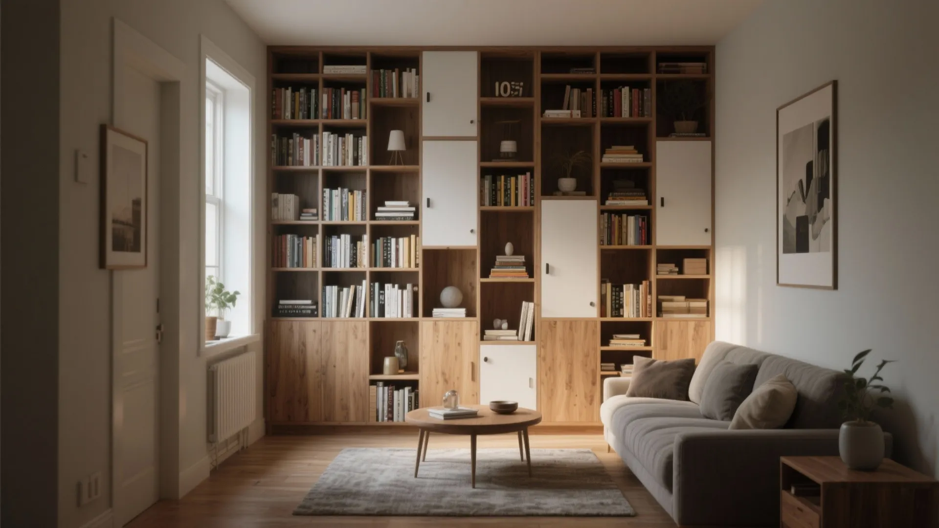 Living room featuring a large wooden wall cabinet for books next to a grey sofa