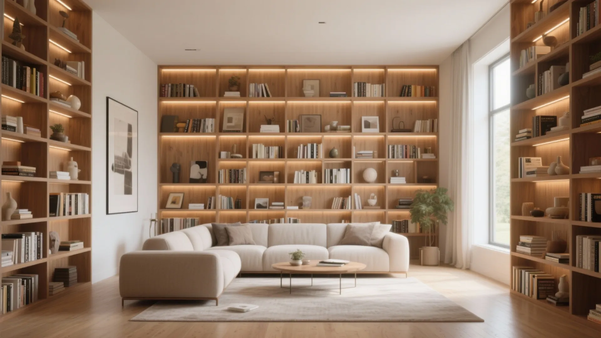 Modern living room with large wood wall shelves white sofa round table and floor light