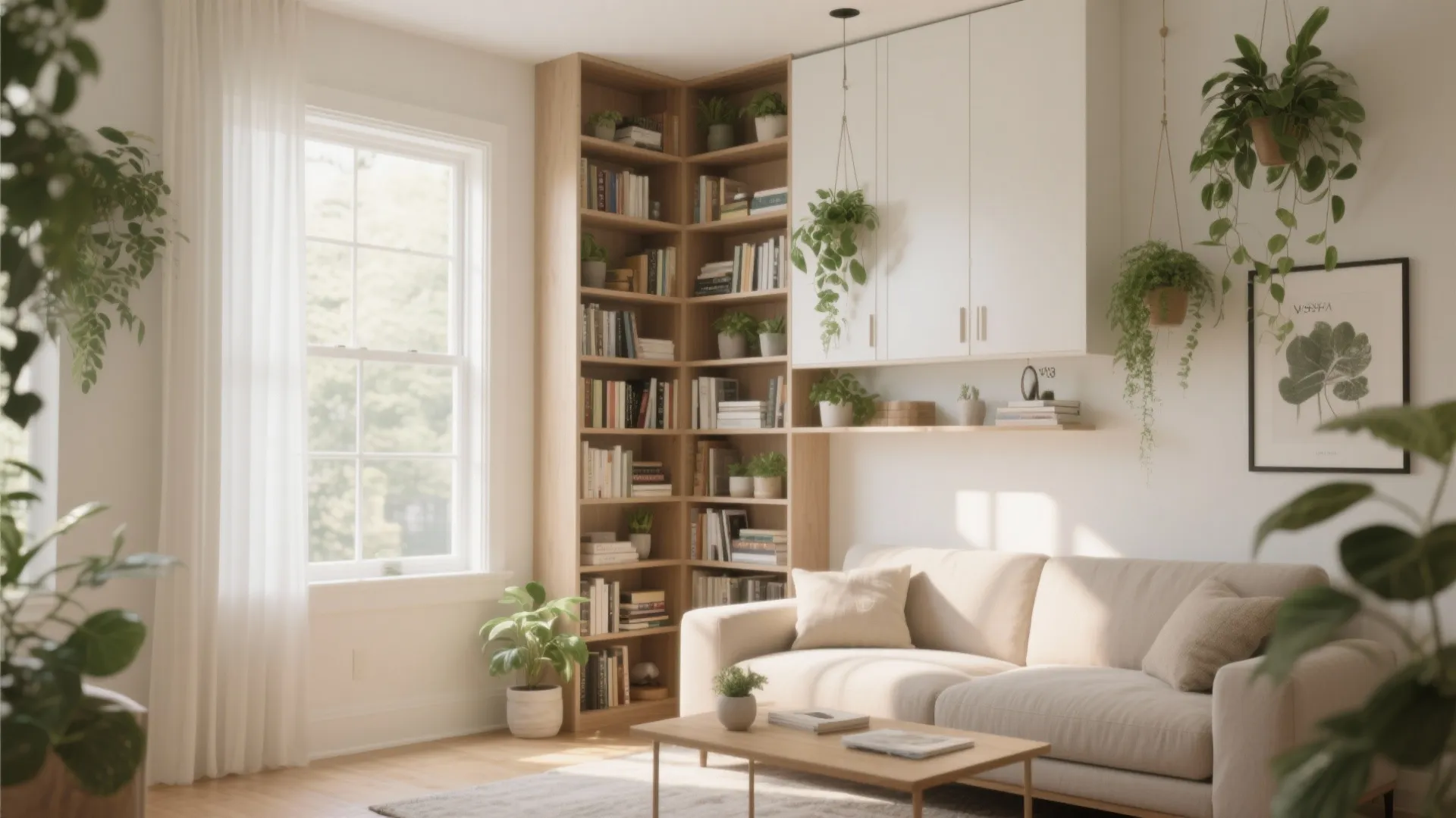 Modern living room with beige sofa wooden coffee table corner bookshelf white wall mounted cabinets