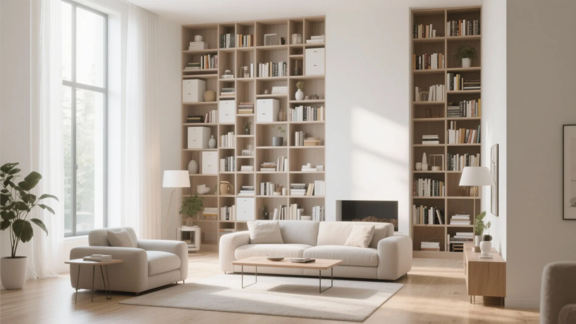 Modern bright living room with large wall bookshelf white sofa wooden coffee table and natural sunlight