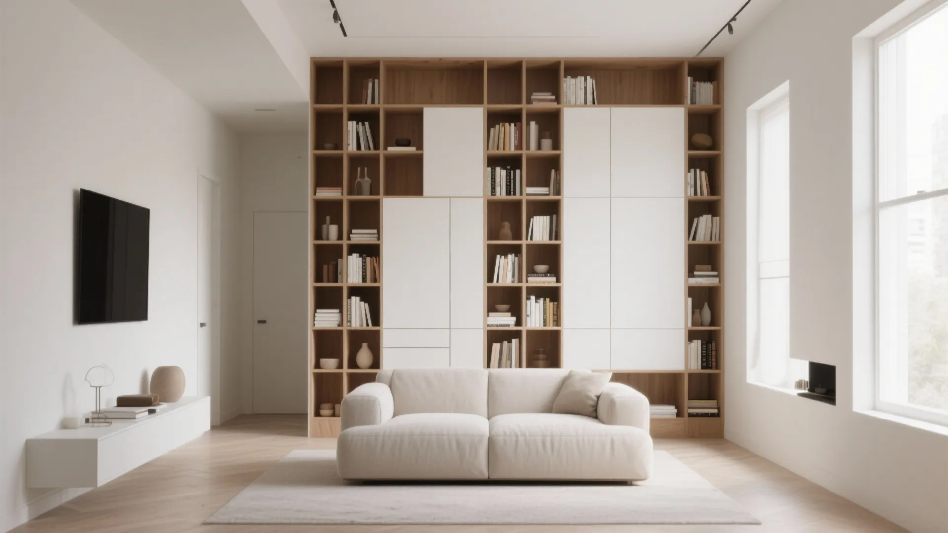 Modern living room with cream sofa wood floor and large floor to ceiling wall cabinet