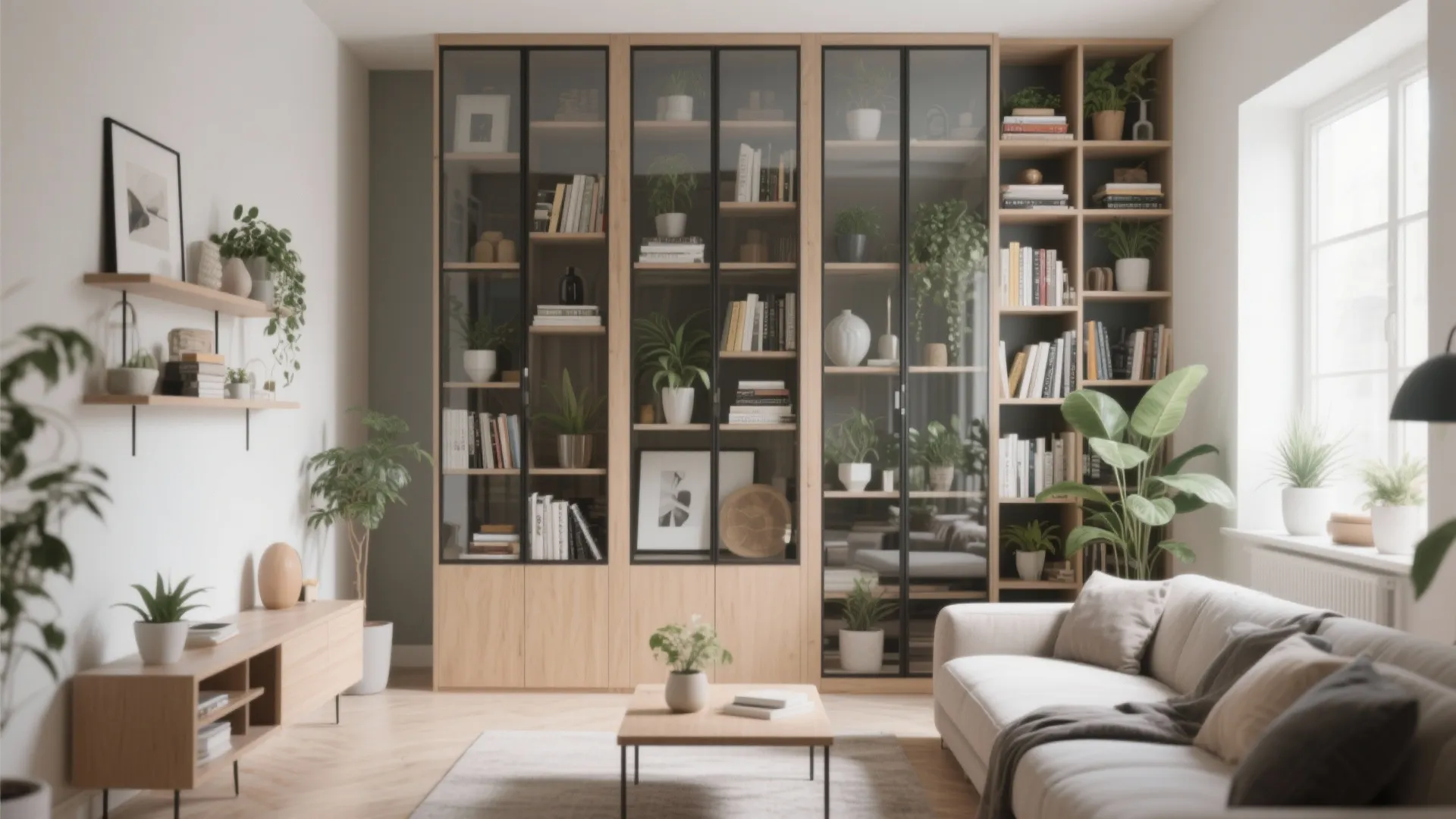 Bright living room with large wooden glass cabinet, indoor plants, comfortable white sofa, and rug