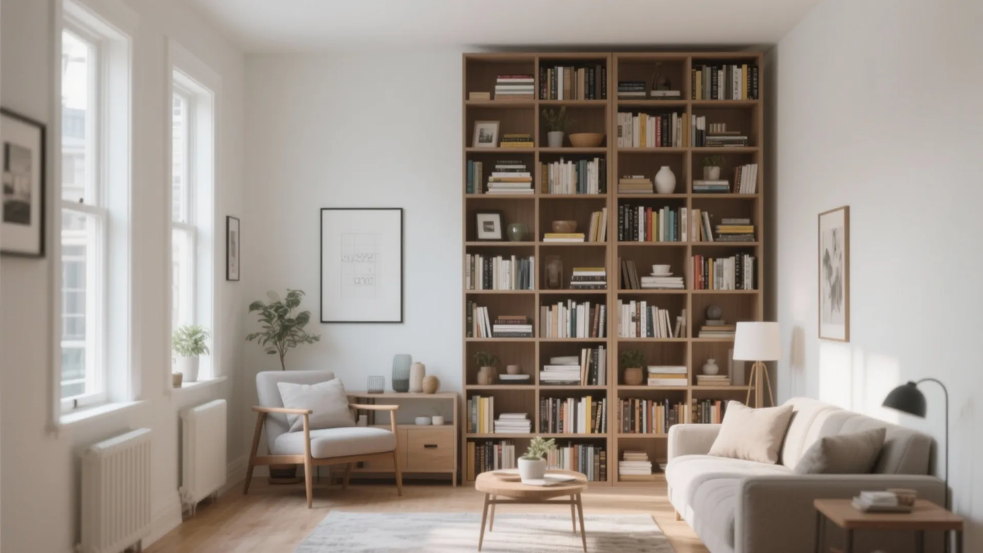 Bright living room featuring a large wooden bookshelf filled with books and various small decorations