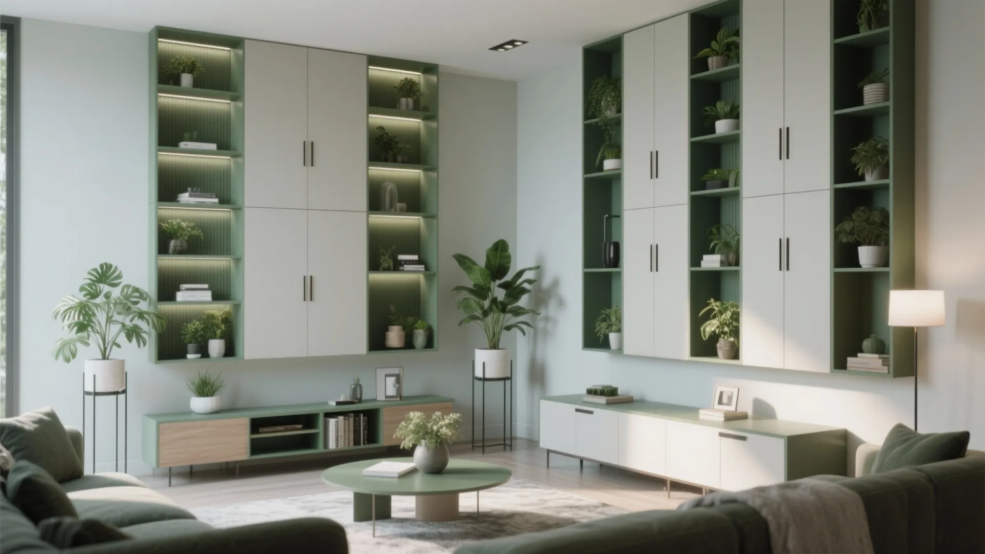 Living room with green and white wall cabinet units round coffee table and indoor green plants