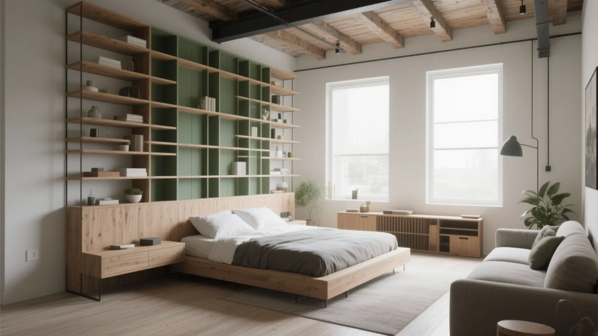 Loft interior with tall shelving, low-profile furniture, and balanced vertical storage.