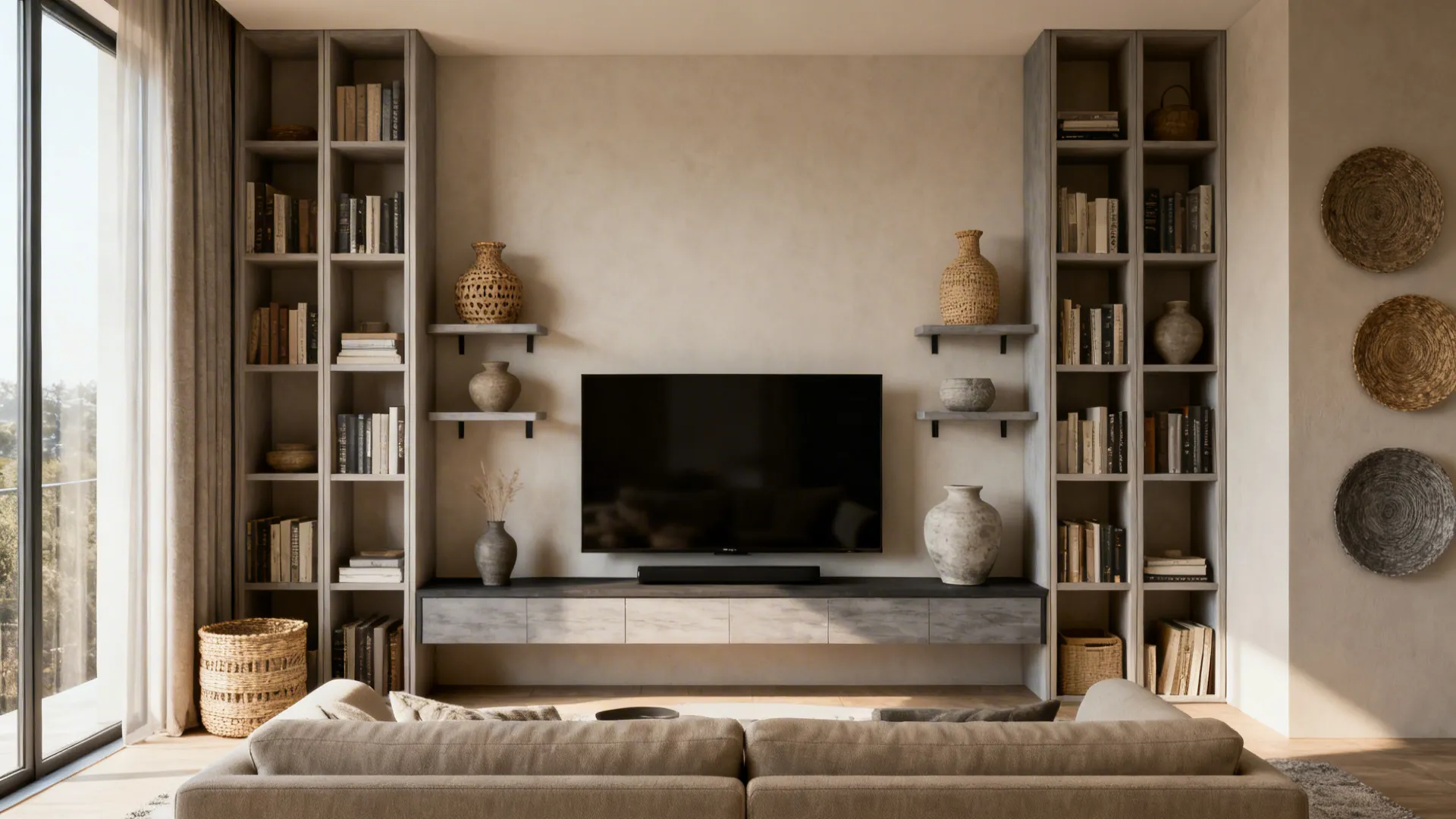 Small living room with tall narrow shelves and a low media unit balancing vertical rhythm around a large sofa.