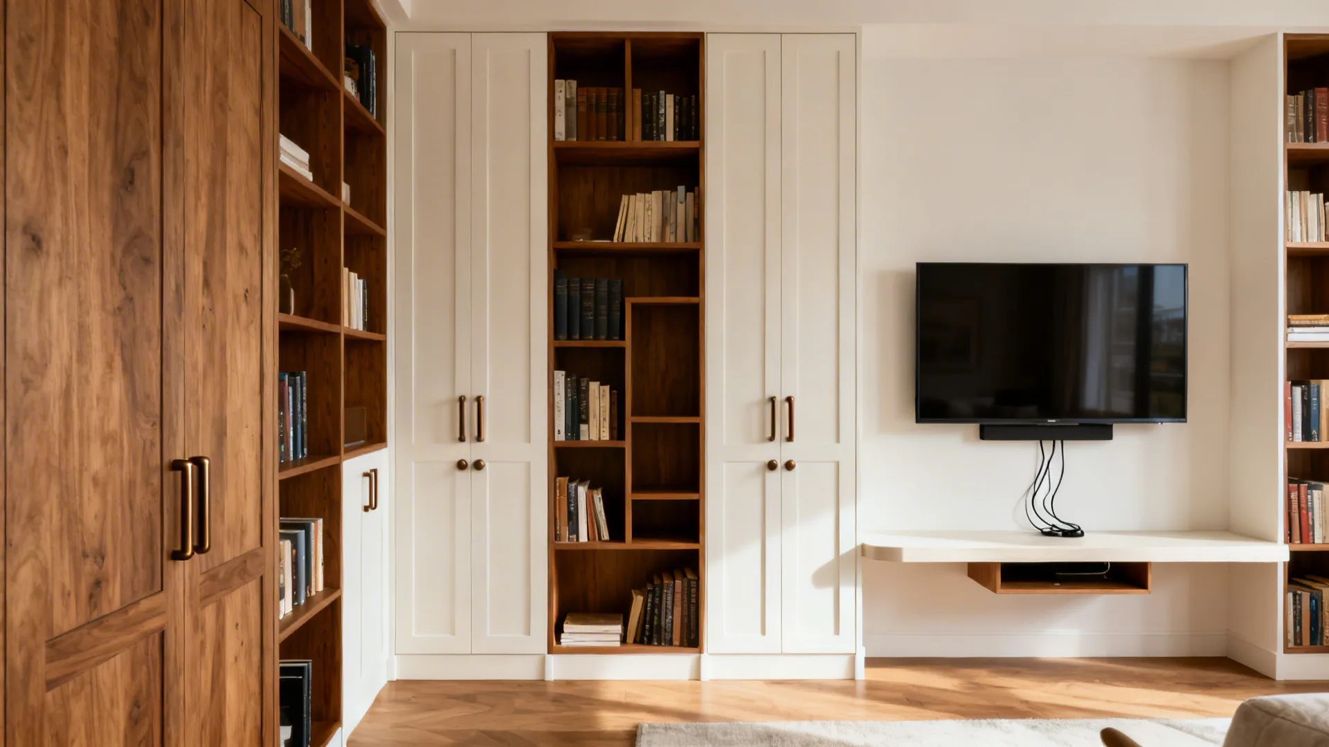 Small living room with tall bookcases, wall-mounted console, and cable-managed TV.
