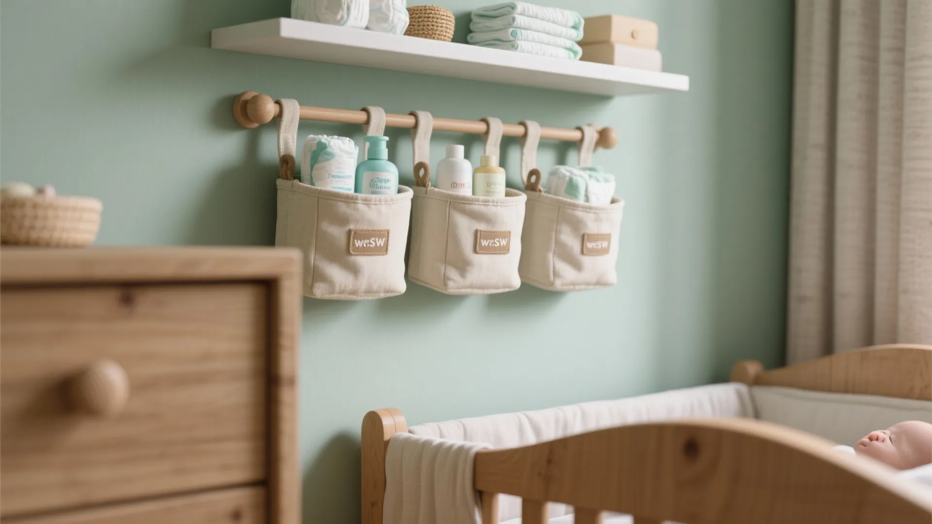 2) Vertical storage stack: wall shelves + rail + under-crib bins