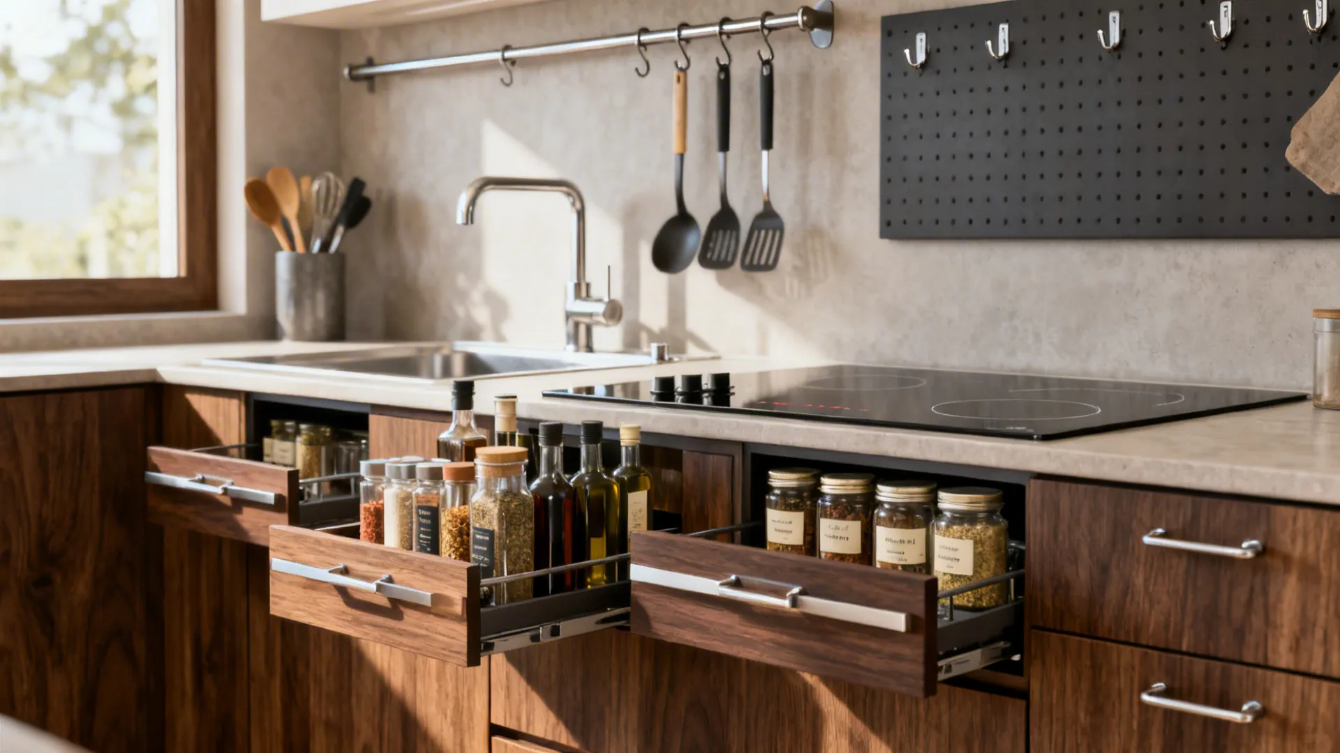 Macro detail of shallow vertical pullouts and an over-sink rail organized with daily kitchen tools.