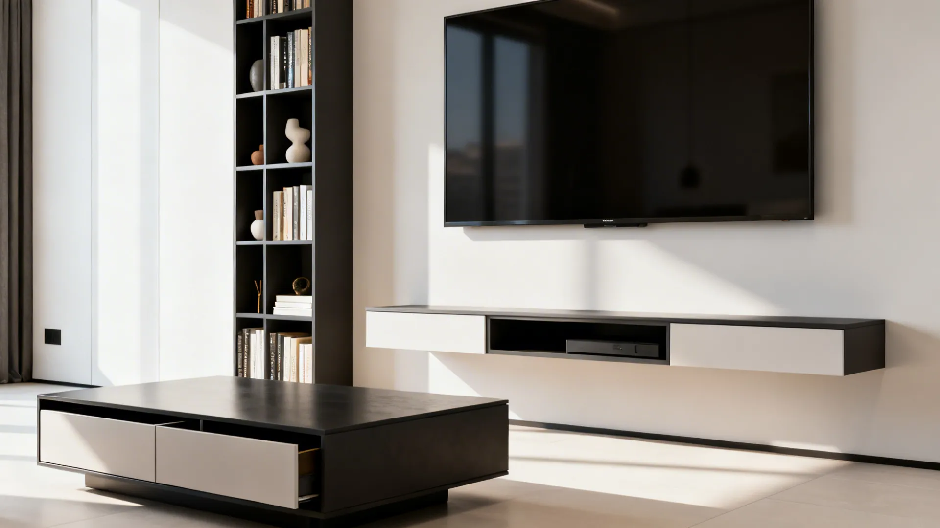 Tall narrow shelving and wall-mounted TV with floating media unit and storage coffee table in a compact room