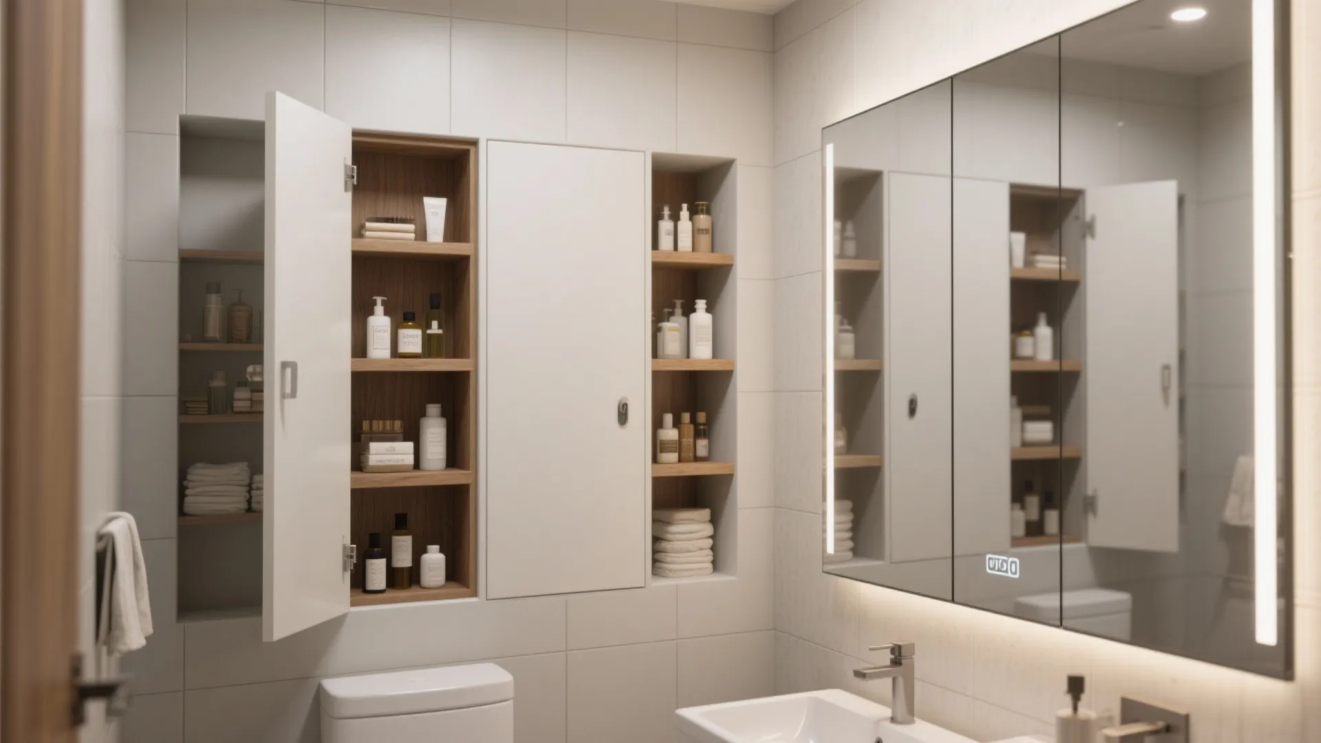 Mirrored medicine cabinet and vertical storage with alternating open shelves in a small bathroom