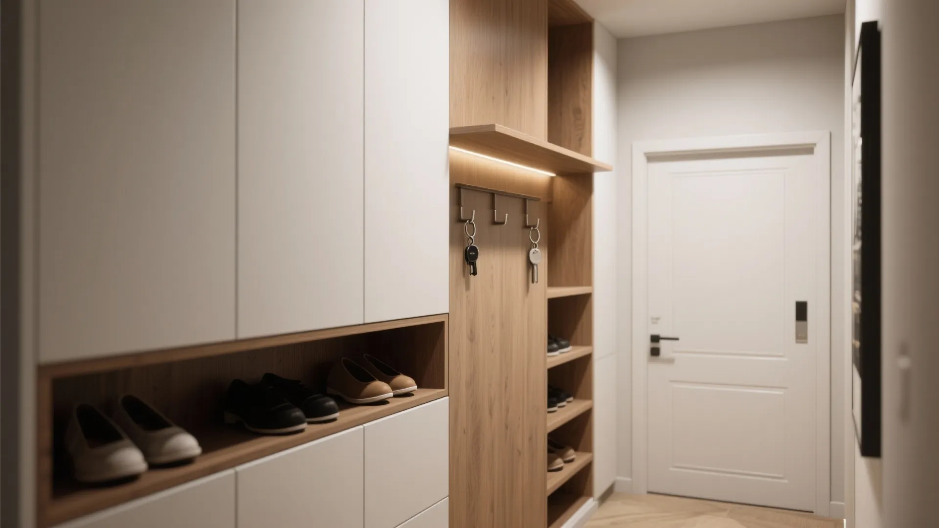 Tall built-in cabinets and recessed corridor niches for efficient vertical storage
