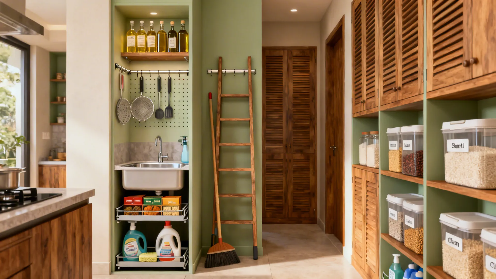 Tall shallow cabinets with pegboard and slim pull-outs in a narrow Indian kitchen utility niche.