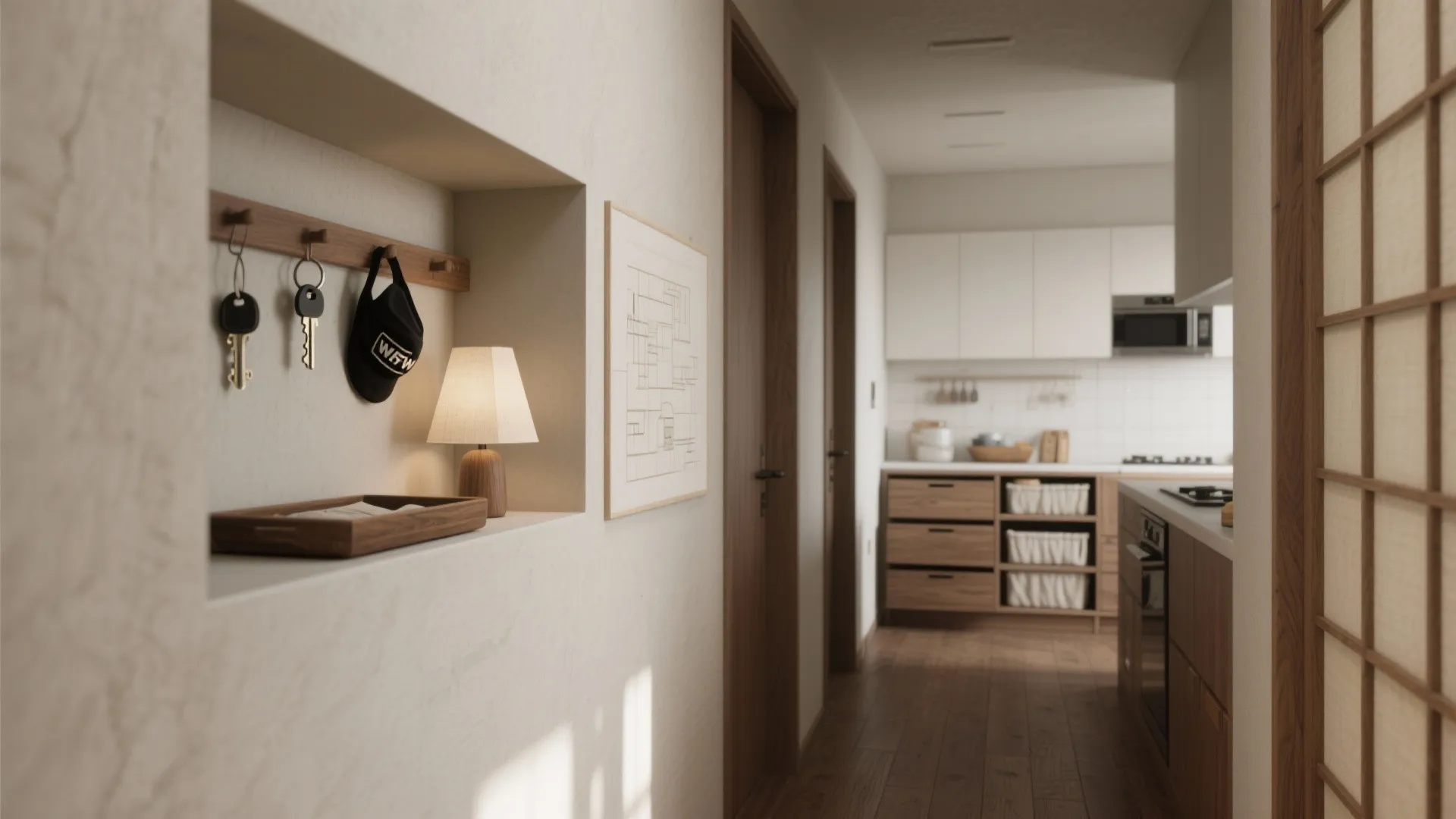 Tips 3: 収納技巧は“縦に積む”—廊下側は浅く、キッチン側は深く