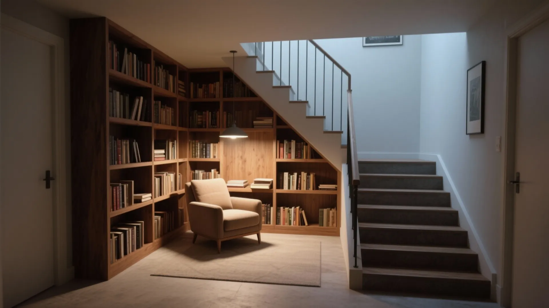 Reading corner under stairs with wooden bookshelves tan armchair small rug and a hanging light fixture