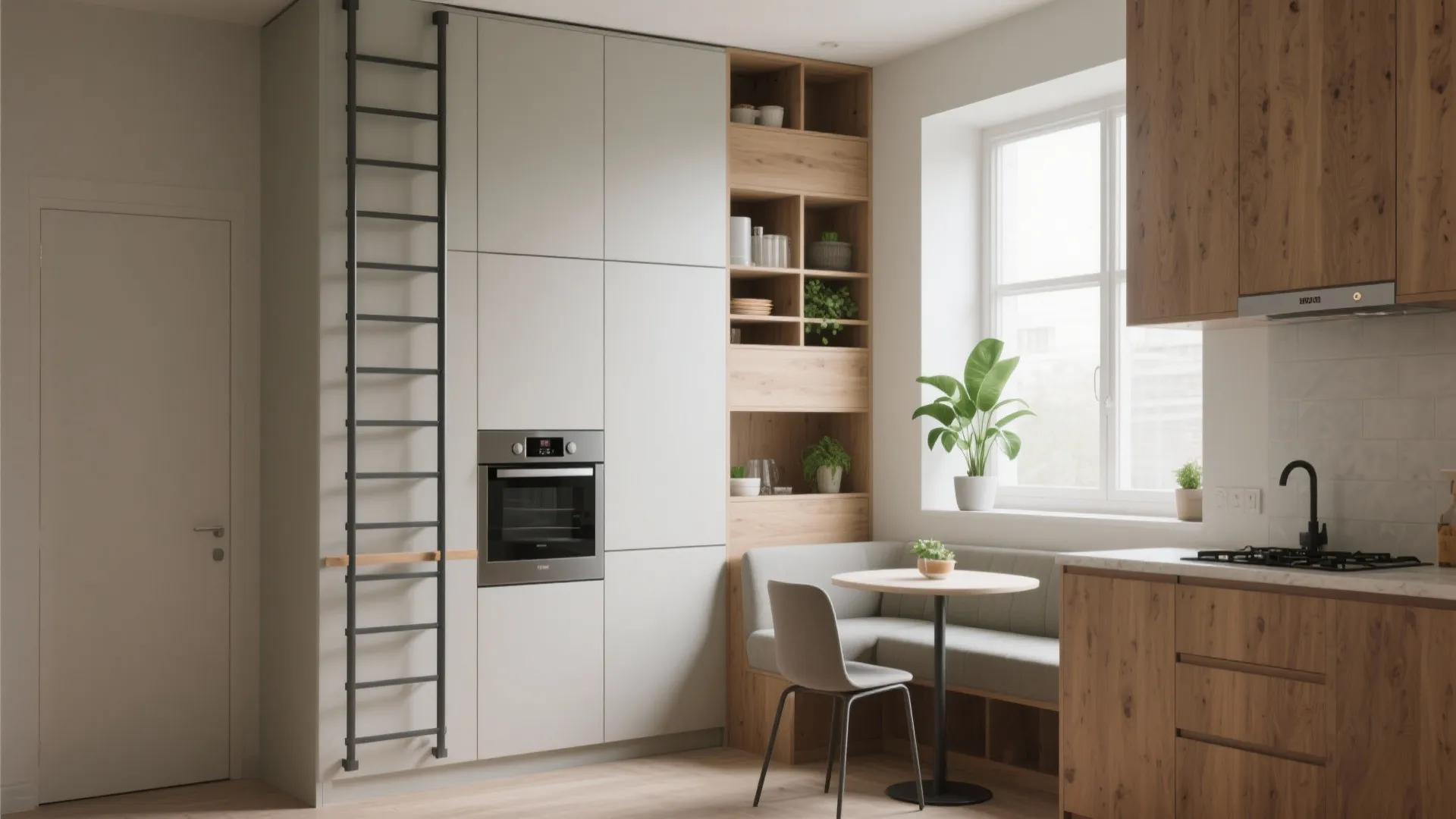 3. Vertical storage and breakfast nook combo