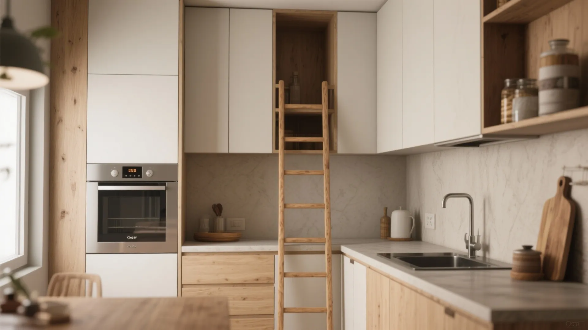 Modern white kitchen cabinets with wooden accents featuring a tall ladder for reaching high storage