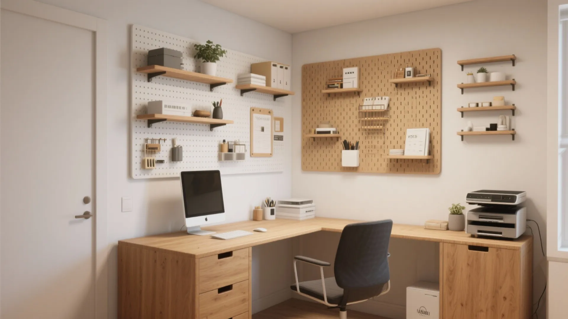 Home office with wooden corner desk computer chair wall panels and shelves for storage organization