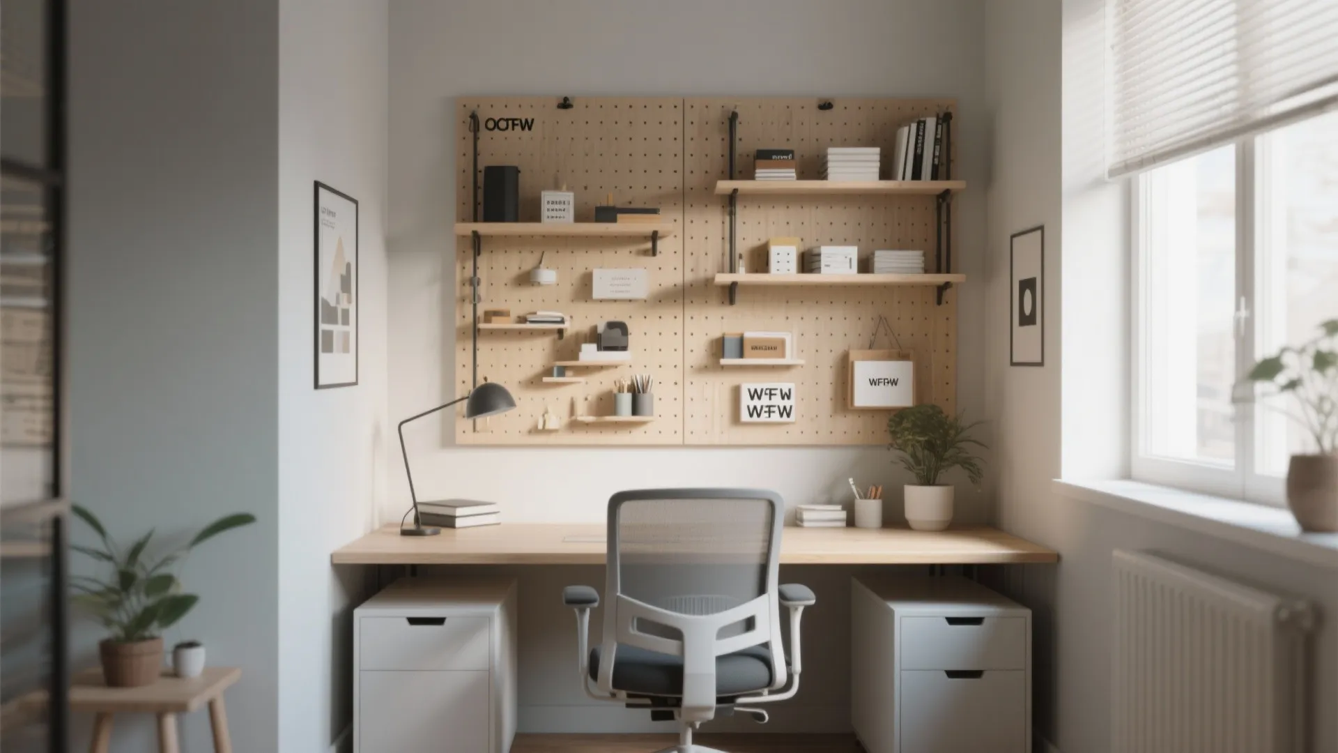 Modern home office with wooden desk grey chair pegboard wall organizer shelf and natural light