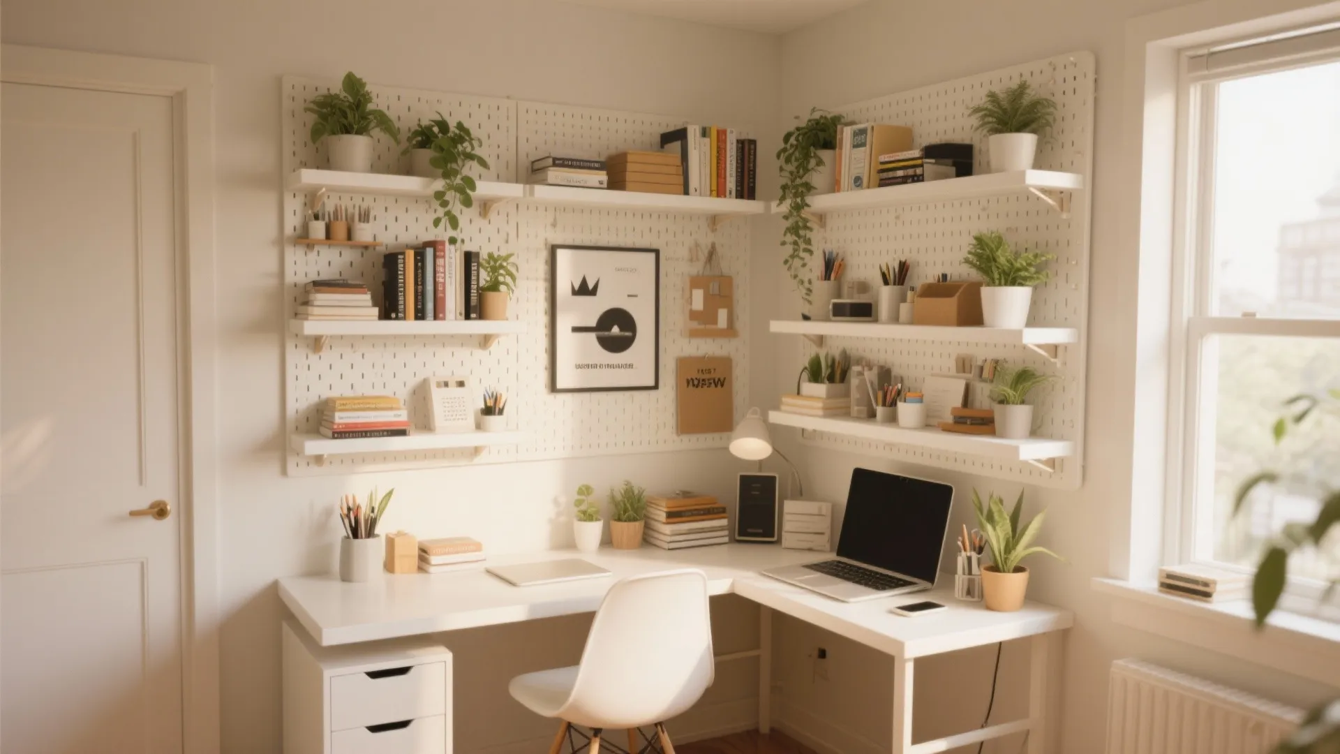 Bright white corner home office with wall shelves and pegboards for books and small plants