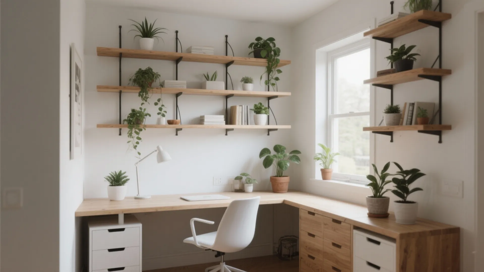 Small office with vertical wall-mounted shelves above a wooden desk