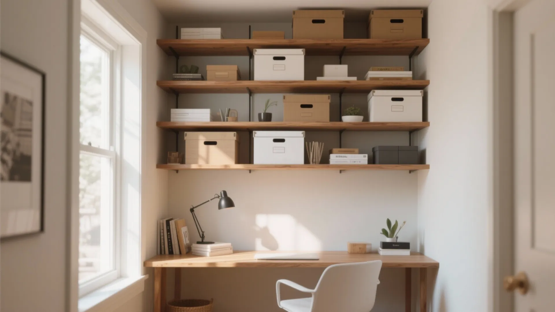 Minimalist home office desk with wooden wall shelves holding white and brown storage organizer boxes