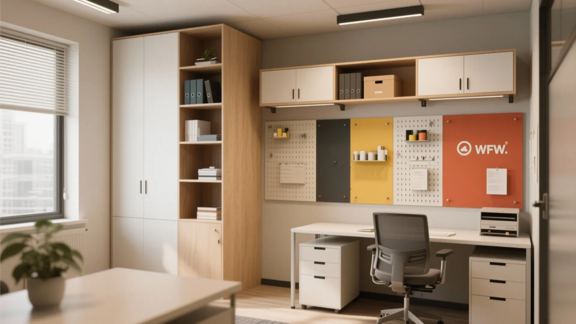 Small office with tall shelving, wall cabinets, and pegboards