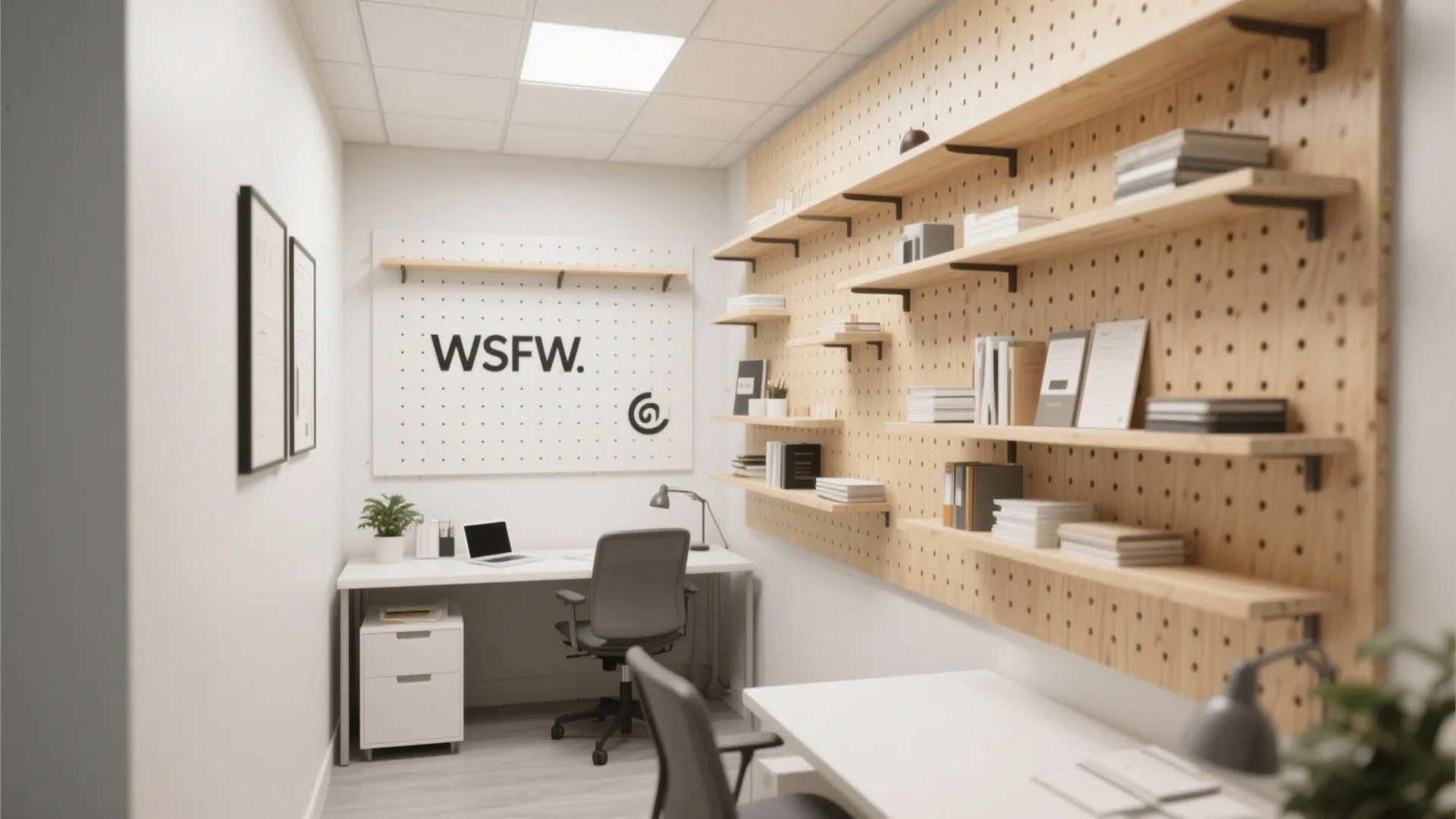 Modern office interior with white desk grey chair and large wooden pegboard wall for storage